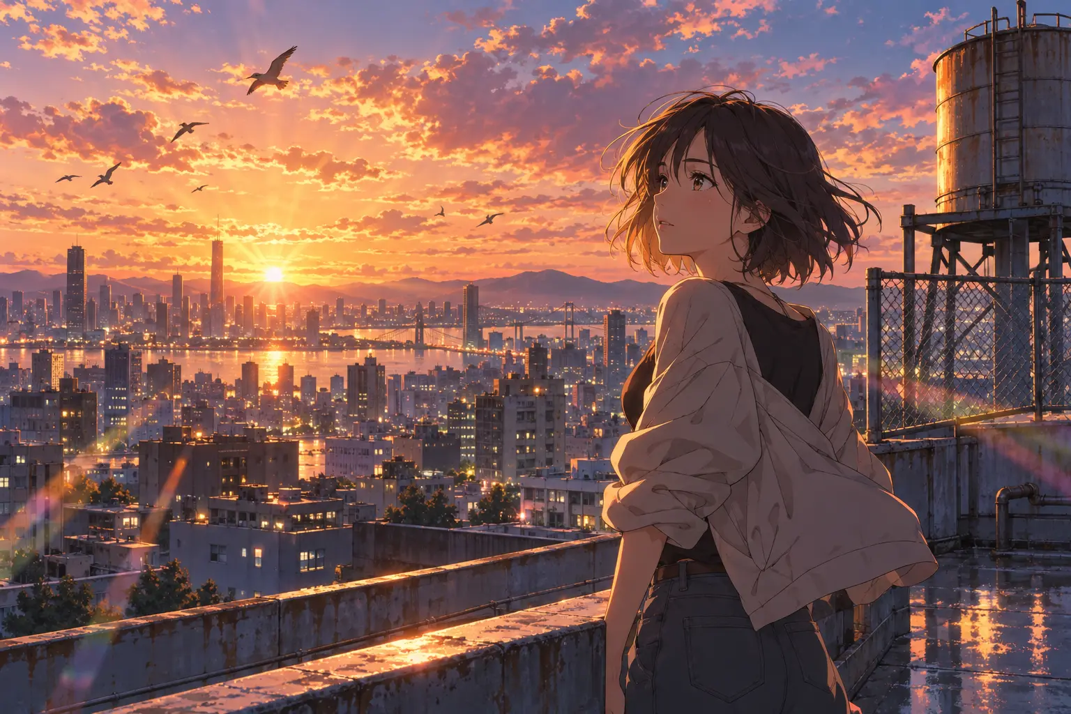 Anime illustration of a girl standing on a city rooftop in golden evening light