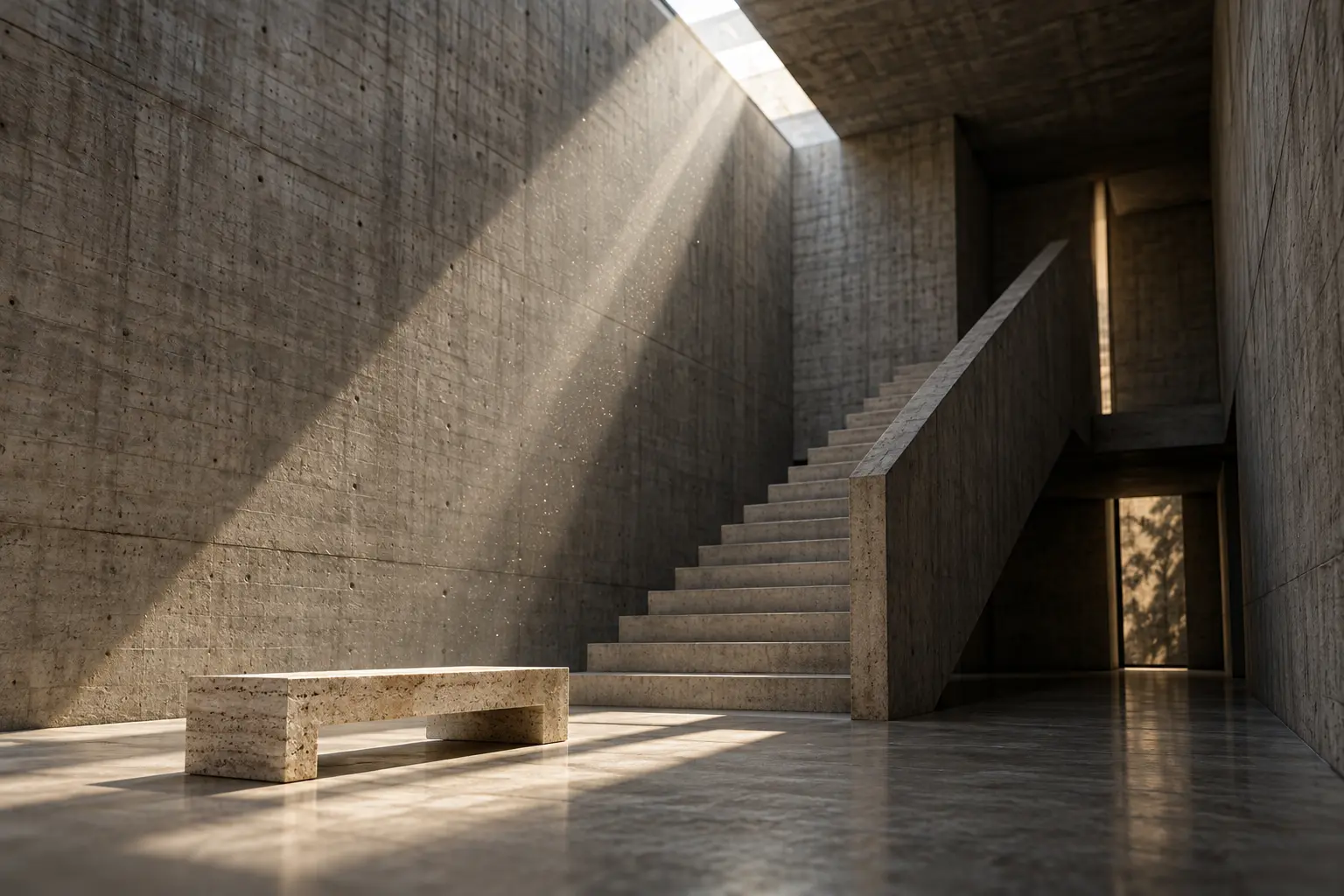 Shafts of light in a brutalist concrete interior