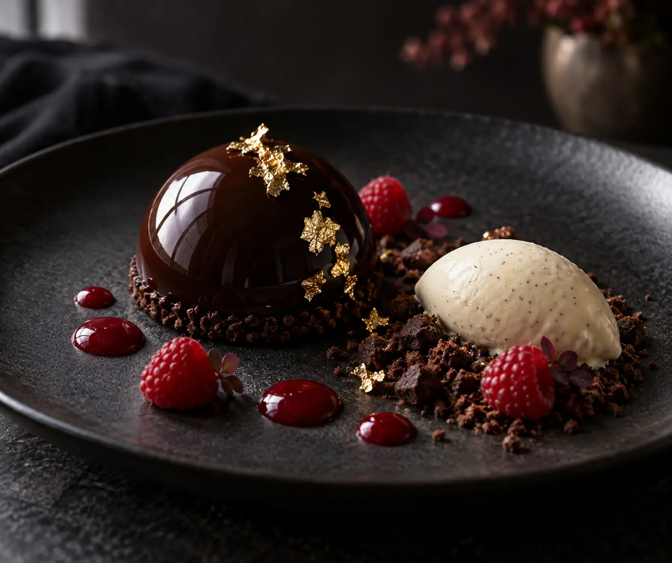 Glossy chocolate dome dessert on a dark plate