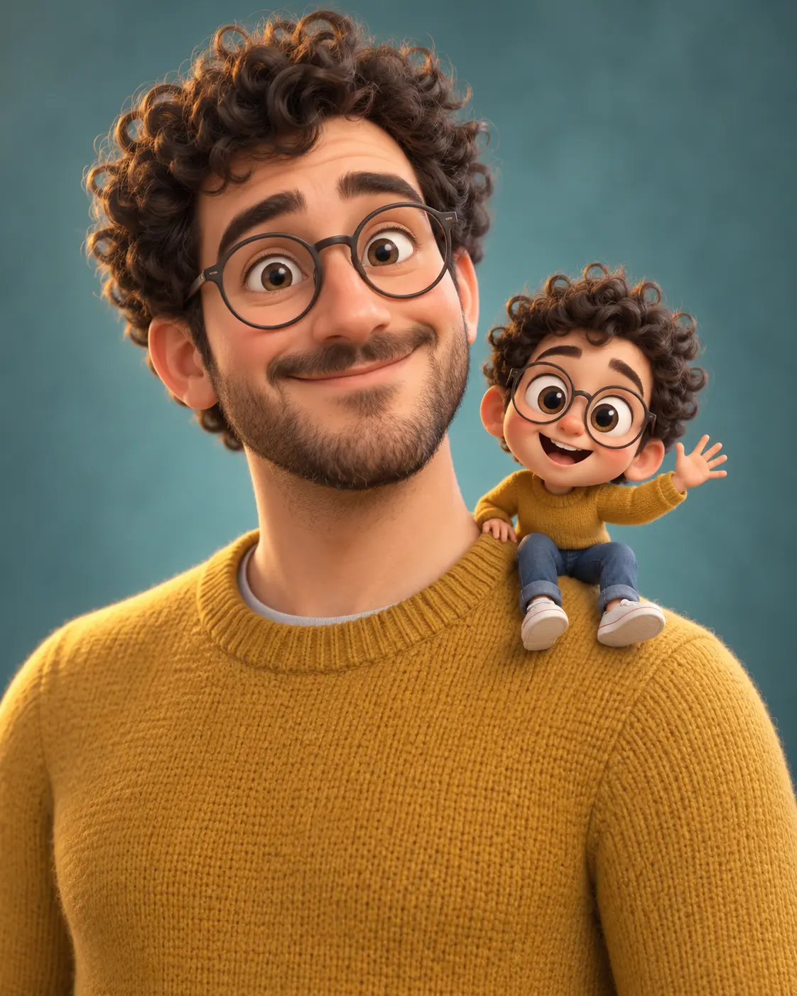 Stylized 3D portrait of a person standing next to a tiny cartoon version of themself