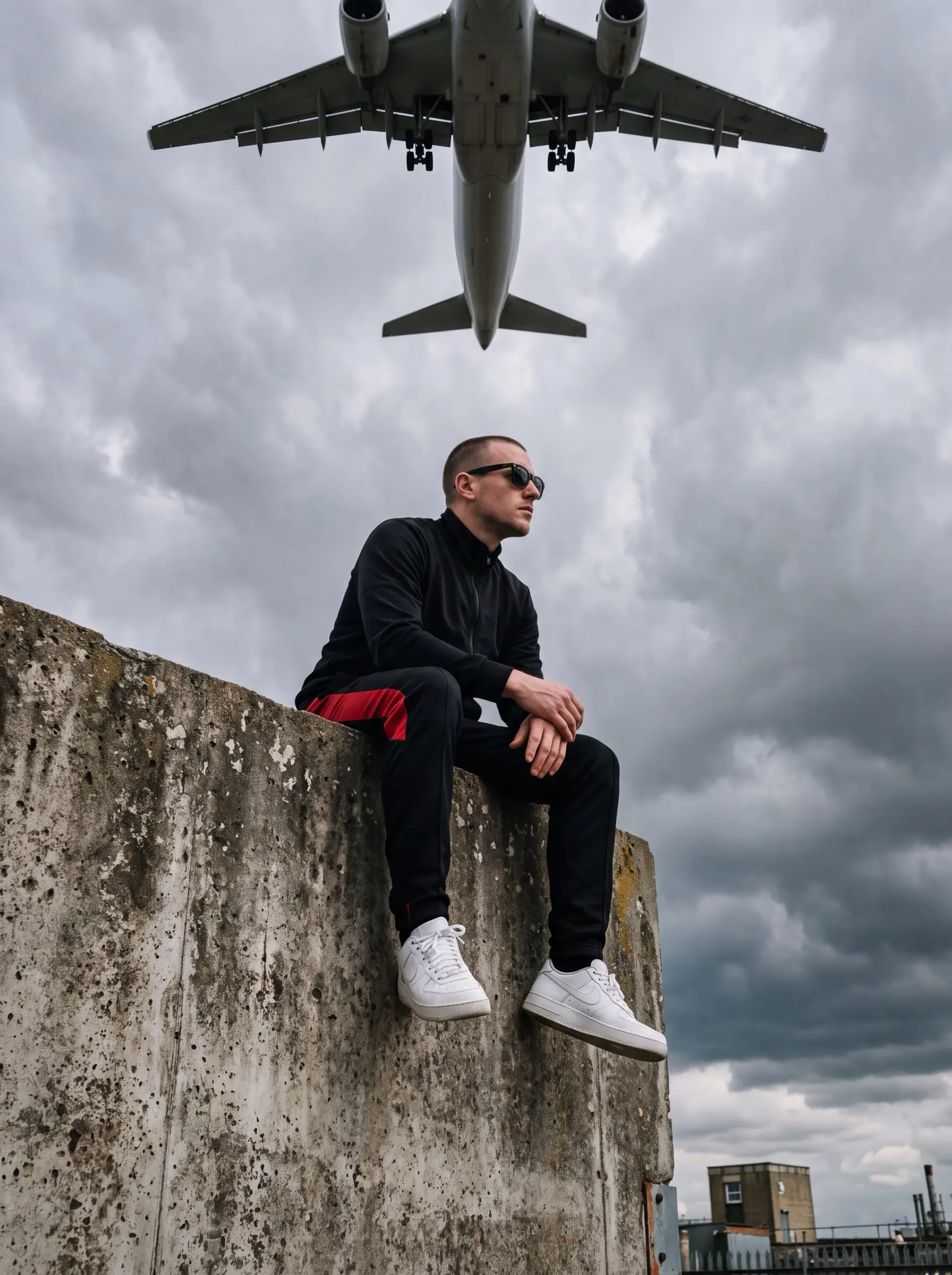 Man sitting on a concrete wall as a passenger jet flies overhead under dark clouds