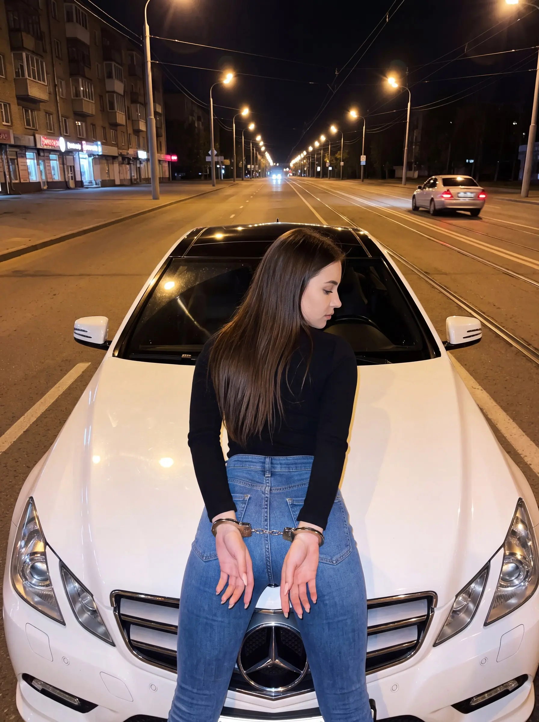 Night photo from behind a woman with long dark hair in a black top and blue jeans, wrists in handcuffs, leaning on the hood of a white Mercedes coupe on a lamp-lit avenue.