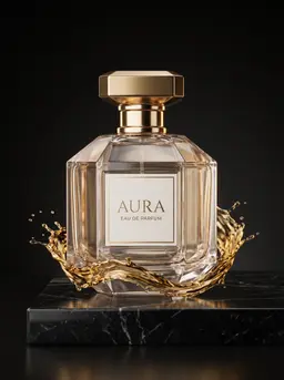 Faceted glass perfume bottle with a gold cap on a black marble slab, a splash of liquid gold curling around its base