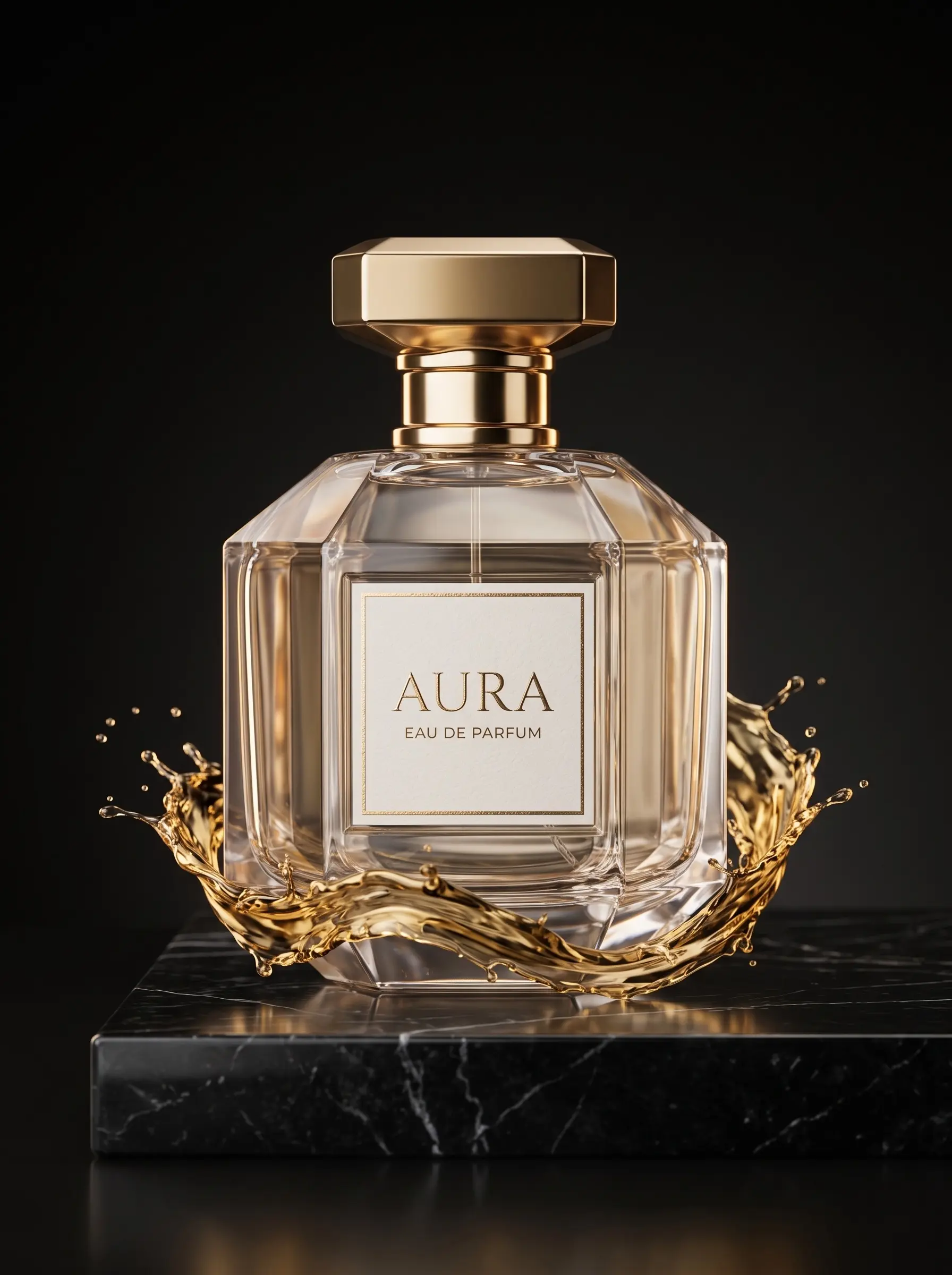 Faceted glass perfume bottle with a gold cap on a black marble slab, a splash of liquid gold curling around its base