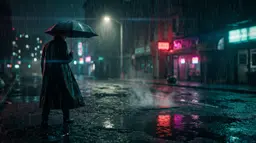 Lone figure in a long dark coat holding a black umbrella on an empty rainy street at night, red and teal neon signs reflected in puddles