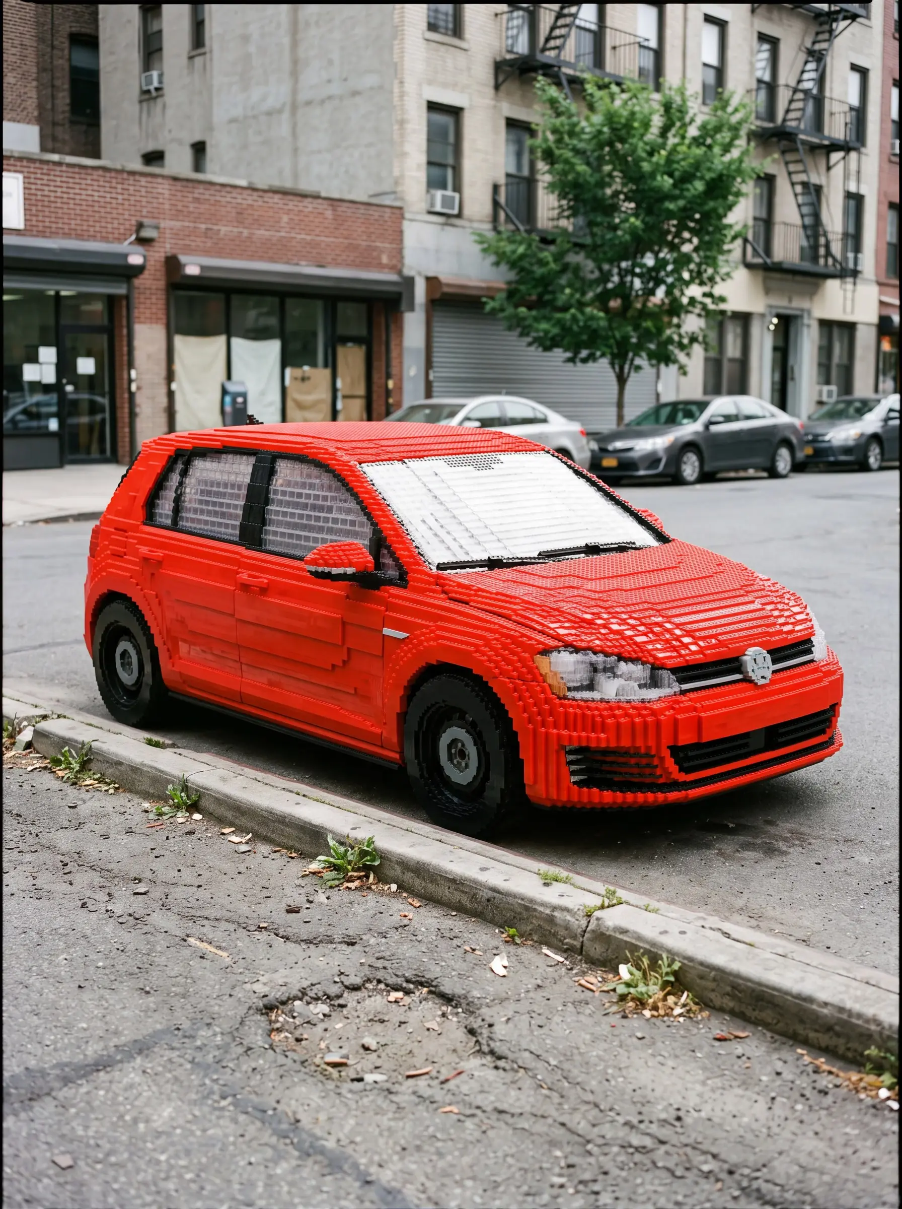 Car rebuilt from toy bricks parked in a real setting