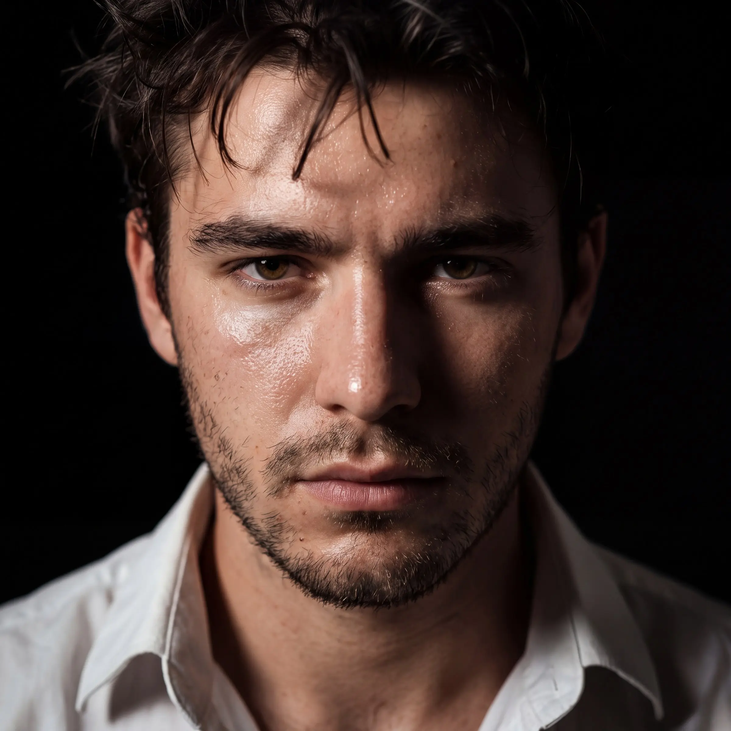 Extreme close-up of a man with tousled dark hair and stubble against a black background, a hard light crossing his forehead and nose, white shirt collar at the bottom.