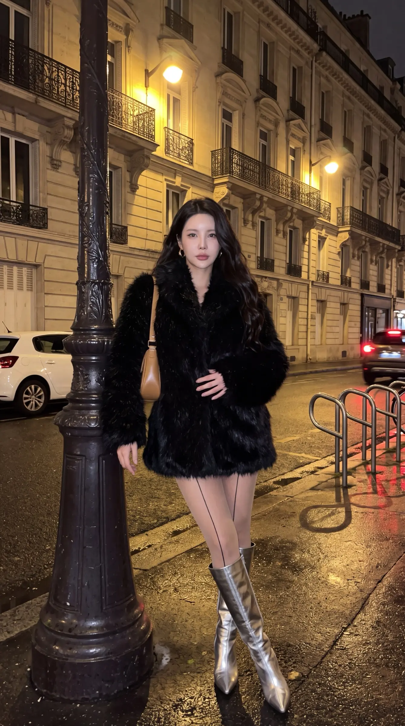 Woman in a black faux-fur coat leaning on a lamp post on a Paris street at night